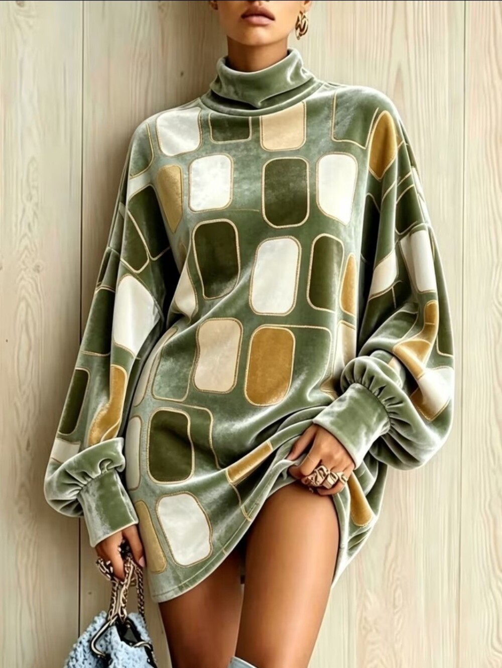 Adorable, Cozy, and Comfy, Olive Velvet Geo-Panel Turtleneck Sweater Dress